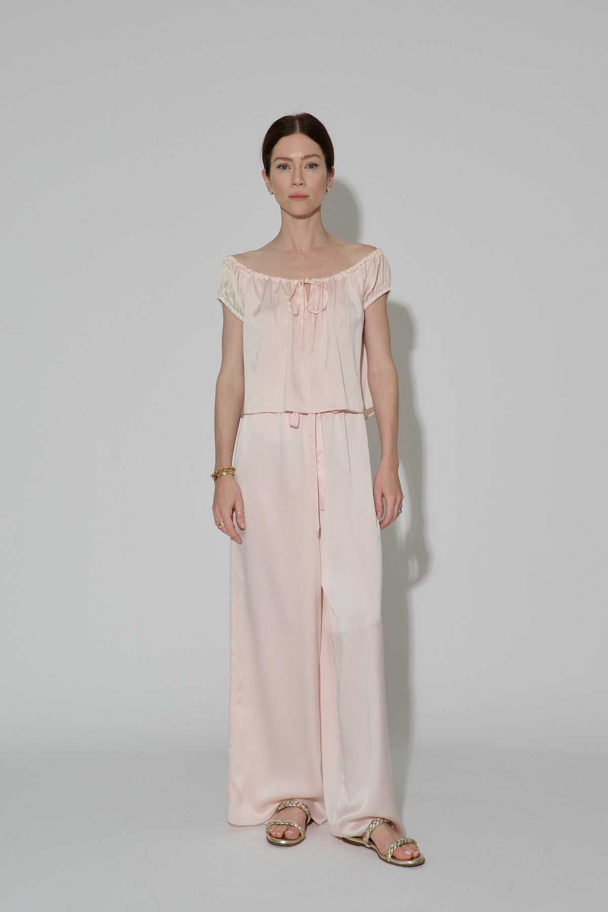 JaneBooke Tops Drawstring Silk Top Pink