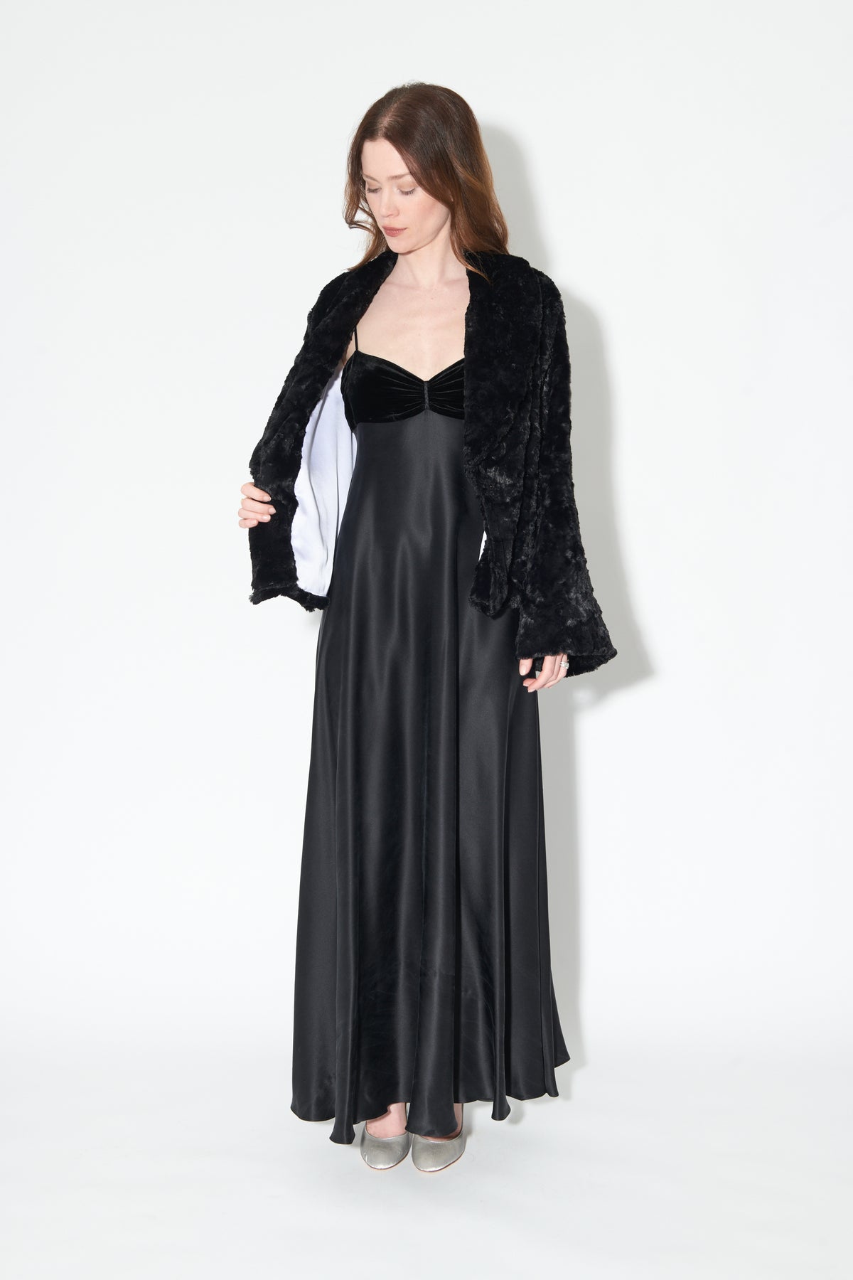 Faux Fur and Silk Bed Jacket in Black